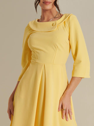 3/4 Sleeve Fold Neck Midi Dress, Light Yellow, 1950's Inspired Vintage style, Close up