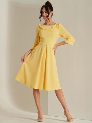 3/4 Sleeve Fold Neck Midi Dress, Light Yellow, 1950's Inspired Vintage style, Pleats Detail