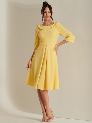 3/4 Sleeve Fold Neck Midi Dress, Light Yellow, 1950's Inspired Vintage style