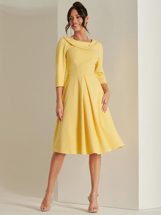 3/4 Sleeve Fold Neck Midi Dress, Light Yellow, 1950's Inspired Vintage style, Side Image