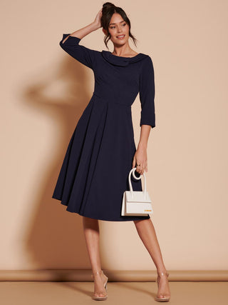3/4 Sleeve Fold Neck Midi Dress, 1950's Inspired Vintage Style, Navy, Front Side