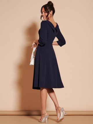 3/4 Sleeve Fold Neck Midi Dress, 1950's Inspired Vintage Style, Navy, Back Side
