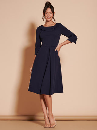 3/4 Sleeve Fold Neck Midi Dress, 1950's Inspired Vintage Style, Navy, Front button Detail