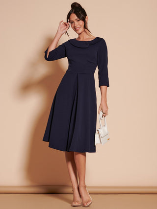 3/4 Sleeve Fold Neck Midi Dress, 1950's Inspired Vintage Style, Navy
