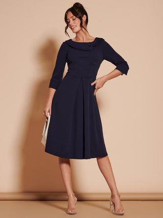 3/4 Sleeve Fold Neck Midi Dress, 1950's Inspired Vintage Style, Navy