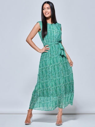 Hollyn Pleated Chiffon Maxi Dress, Green Abstract