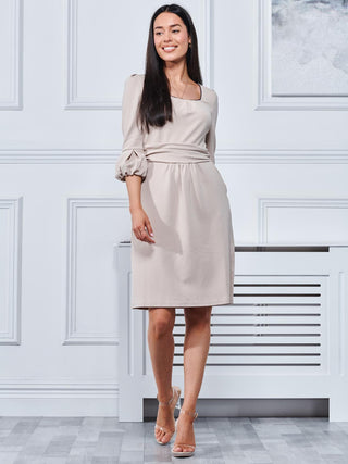 Bell Sleeve Boat Neck Pencil Dress, Beige
