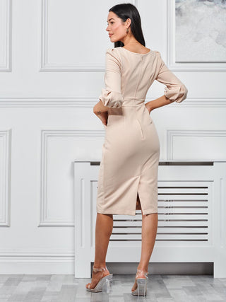 Bell Sleeve Boat Neck Pencil Dress, Oyster
