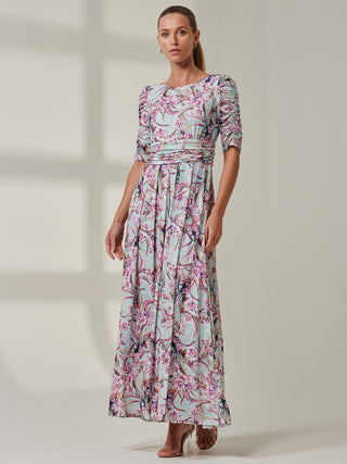 Half Sleeve Jersey Maxi Dress, Aqua Floral