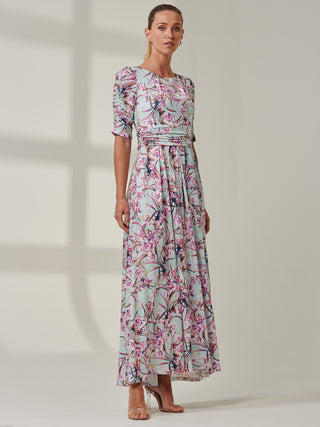 Half Sleeve Jersey Maxi Dress, Aqua Floral