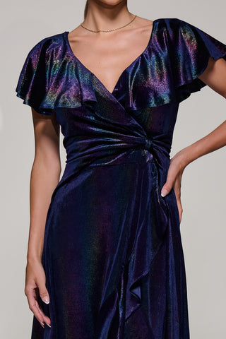 Jolie Moi Stripe Print Asymmetric Ruffle Velvet Dress, Navy/Multi