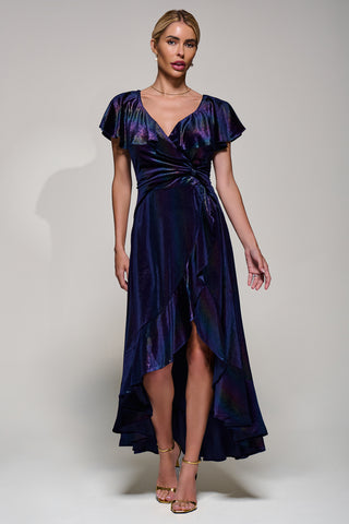 Jolie Moi Stripe Print Asymmetric Ruffle Velvet Dress, Navy/Multi
