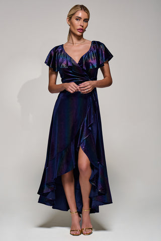 Jolie Moi Stripe Print Asymmetric Ruffle Velvet Dress, Navy/Multi