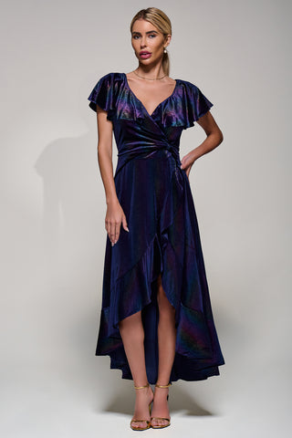 Jolie Moi Stripe Print Asymmetric Ruffle Velvet Dress, Navy/Multi