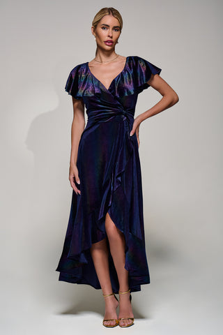Jolie Moi Stripe Print Asymmetric Ruffle Velvet Dress, Navy/Multi