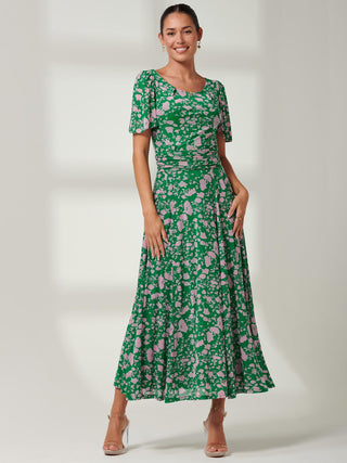 Angel Sleeve Mesh Maxi Dress, Green, Floral Print, Short Sleeve Dress, Self Tie Waist, Front Side