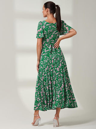 Angel Sleeve Mesh Maxi Dress, Green, Floral Print, Short Sleeve Dress, Self Tie Waist, Back Side