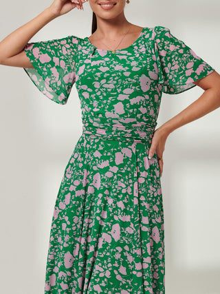 Angel Sleeve Mesh Maxi Dress, Green, Floral Print, Short Sleeve Dress, Self Tie Waist, Close up Image 