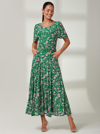 Angel Sleeve Mesh Maxi Dress, Green, Floral Print, Short Sleeve Dress, Self Tie Waist, Two functional Pockets, Dress with Pockets, Front Image 