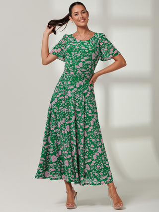 Paityn Angel Sleeve Mesh Maxi Dress, Green Floral