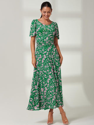 Angel Sleeve Mesh Maxi Dress, Green, Floral Print, Short Sleeve Dress, Self Tie Waist, Flowy Dress