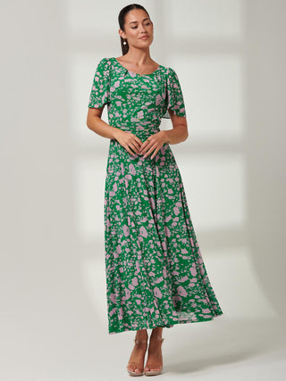 Paityn Angel Sleeve Mesh Maxi Dress, Green, Floral Print, Short Sleeve, Round Neckline