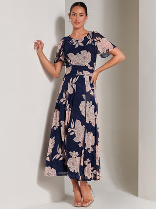 Paityn Angel Sleeve Mesh Maxi Dress, Navy, Floral Print, Short Sleeve, Front Image