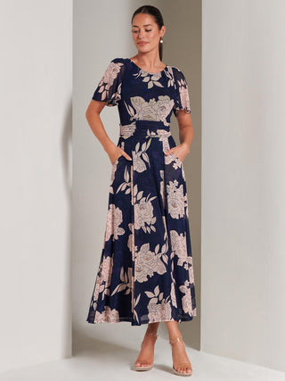 Angel Sleeve Mesh Maxi Dress, Navy, Floral Print, Short Sleeve Dress, Self Tie Waist, Two functional Pockets, Dress with Pockets, Front Image