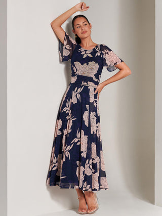 Angel Sleeve Mesh Maxi Dress, Navy, Floral Print, Short Sleeve Dress, Self Tie Waist, Side Image