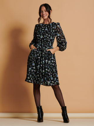 Long Sleeve Chiffon Midi Dress, Black Floral
