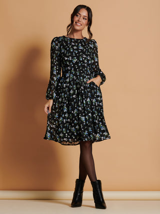 Long Sleeve Chiffon Midi Dress, Black Floral