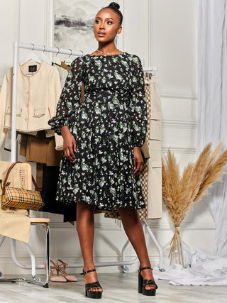 Long Sleeve Chiffon Midi Dress, Black Floral Jolie Moi Retail Long Sleeve Chiffon Midi Dress, Black Floral Jolie Moi Retail