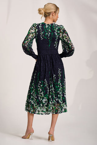 Long Sleeve Printed Lace Midi Dress, Green Multi
