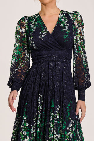 Long Sleeve Printed Lace Midi Dress, Green Multi