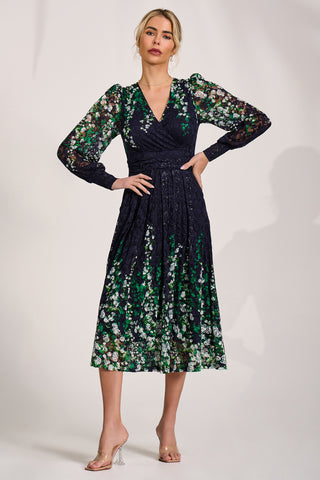 Long Sleeve Printed Lace Midi Dress, Green Multi