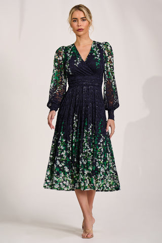 Long Sleeve Printed Lace Midi Dress, Green Multi