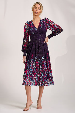 Long Sleeve Printed Lace Midi Dress, Purple Multi