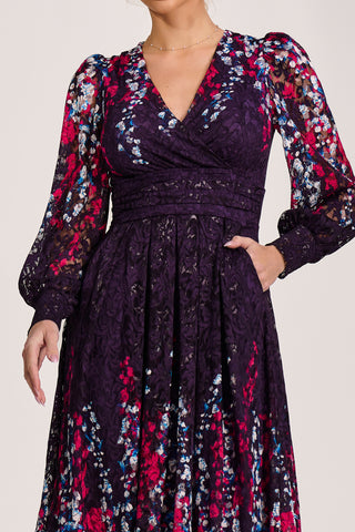Long Sleeve Printed Lace Midi Dress, Purple Multi
