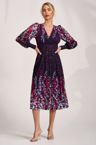 Long Sleeve Printed Lace Midi Dress, Purple Multi