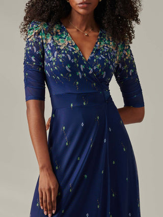 Half Sleeve Floral Wrap Dress Blue Yellow Multi