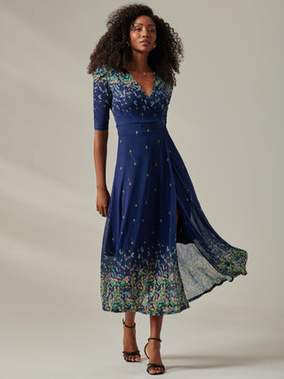 Half Sleeve Floral Wrap Dress Blue Yellow Multi