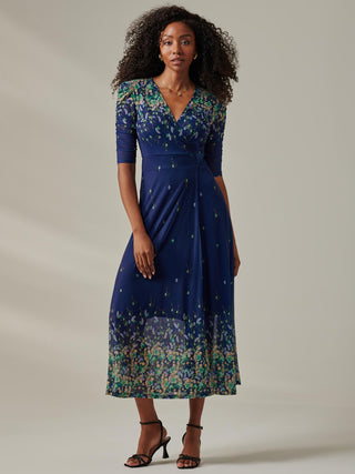 Half Sleeve Floral Wrap Dress Blue Yellow Multi