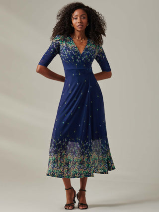 Half Sleeve Floral Wrap Dress Blue Yellow Multi