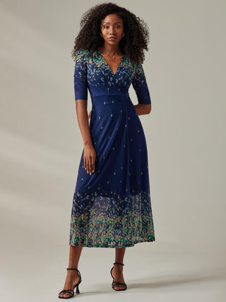 Half Sleeve Floral Wrap Dress Blue Yellow Multi