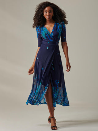Stella Floral Print Wrap Mesh Maxi Dress, Navy Blue Multi Jolie Moi Retail Stella Floral Print Wrap Mesh Maxi Dress, Navy Blue Multi Jolie Moi Retail