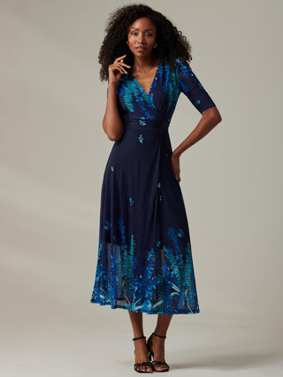 Stella Floral Print Wrap Mesh Maxi Dress, Navy Blue Multi Jolie Moi Retail Stella Floral Print Wrap Mesh Maxi Dress, Navy Blue Multi Jolie Moi Retail