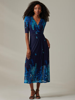 Stella Floral Print Wrap Mesh Maxi Dress, Navy Blue Multi Jolie Moi Retail Stella Floral Print Wrap Mesh Maxi Dress, Navy Blue Multi Jolie Moi Retail