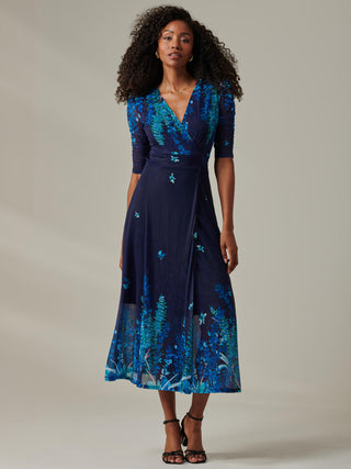 Stella Floral Print Wrap Mesh Maxi Dress, Navy Blue Multi