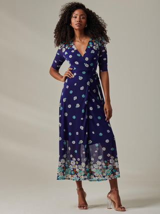 Stella Floral Print Wrap Mesh Maxi Dress, Navy Floral