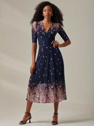 Stella Floral Print Wrap Mesh Maxi Dress, Navy Pink Multi Jolie Moi Retail Stella Floral Print Wrap Mesh Maxi Dress, Navy Pink Multi Jolie Moi Retail